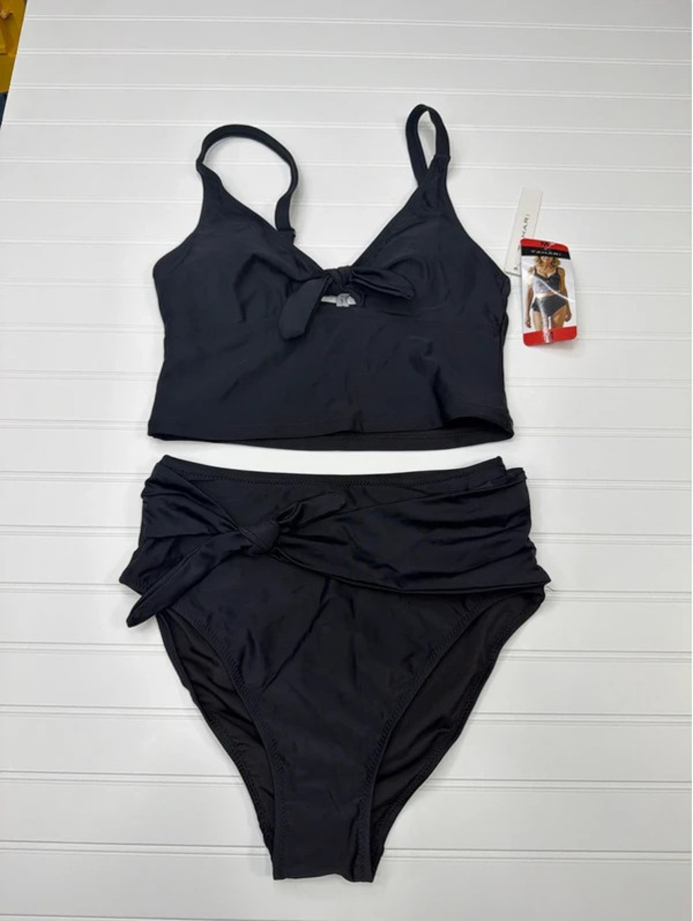 Tahari Black Two-Piece Swimsuit with High Waist Bottom and Adjustable Straps, M
